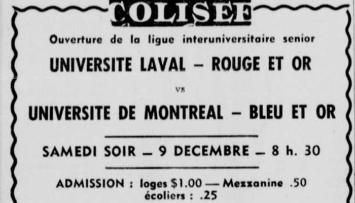 Publicité annonçant le premier match entre l'Université Laval et l'Université de Montréal, diffusée dans L'Action catholique du 7 décembre 1950