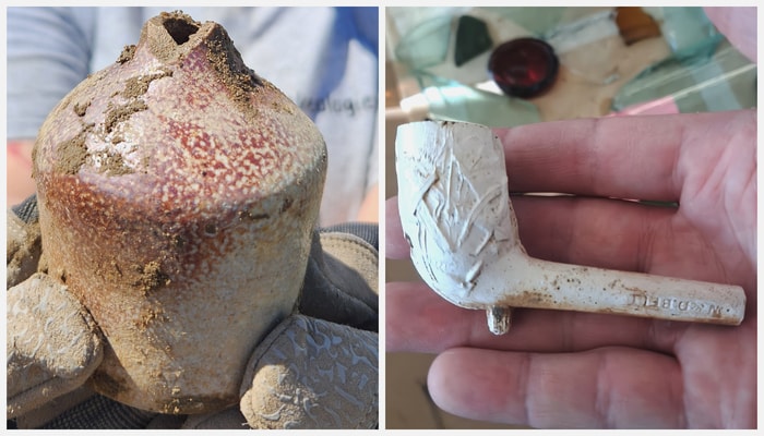 Deux objets découverts cet été sur le site de la ferme Cadet. À gauche, un contenant à encre presque complet en grès utilisé pour entreposer l'encre et remplir les encriers. Il porte l'inscription du marchand d'encriers John Scott dont l'entreprise a été en activité de 1788 à 1838. À droite, une pipe à fumer en terre cuite fine argileuse blanche, avec un décor moulé de type franc-maçonnique. La marque sur le tuyau permet de connaître le fabricant, qui est W. D. Bell, en activité de 1862 à 1881.