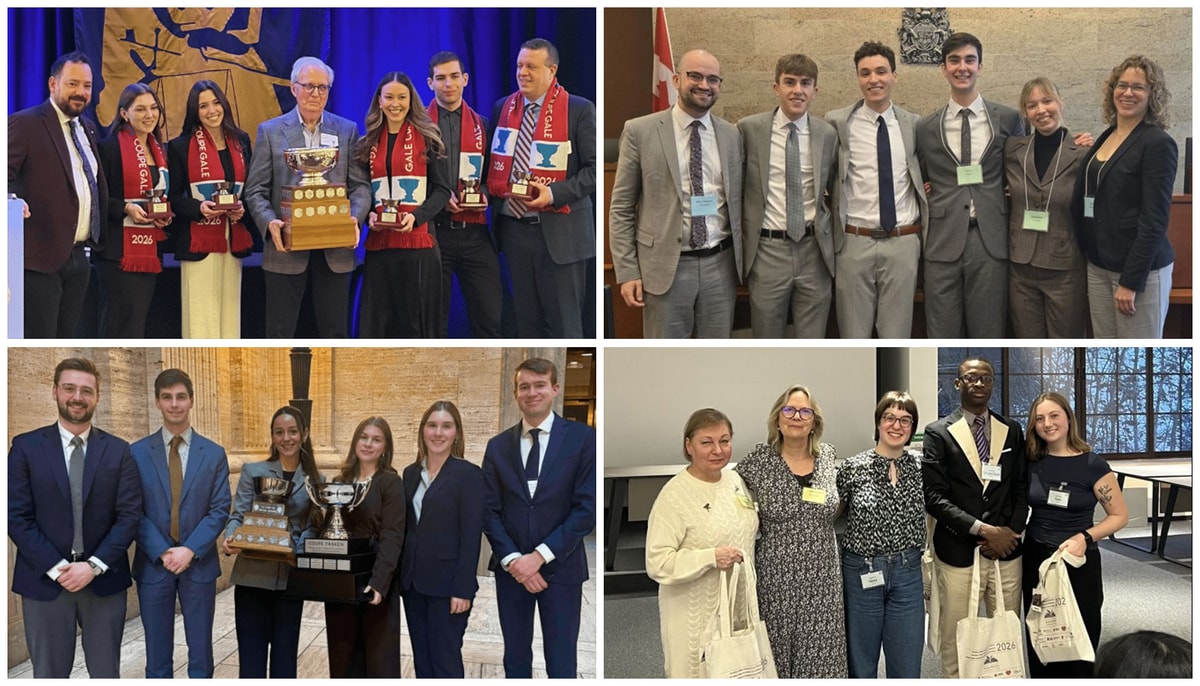 1. Lors de la remise des trophées de la Coupe Gale. De gauche à droite: Tiffany Brouillard, Raffaella Di Carlo, Laurie-Ann Demers, Ismaël Boivin et Me Julien Grégoire. 2. Concours Laskin. De gauche à droite: Me Marc-Antoine Patenaude, Félix Bouchard, Yanis Zerkhefaoui, Olivier Duguay, Geneviève Trépanier et Me Julie Lapierre. 3. Concours Pierre-Basile-Mignault. De gauche à droite: Me Charles Sans Cartier, Félix-Olivier Charron, Catherine-Mae Gagnon, Félicia Villa, Jessica Laberge et Me Marc-Antoine Jutras. 4. Concours Jean-Pictet. De gauche à droite: deux membres de la coordination du concours, suivis de Héloïse Fleury, Toh Jean-Claude Ouattara et Maxim Dallaire.