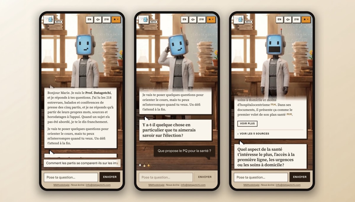 Grâce à un robot conversationnel alimenté par des sources documentées, les citoyennes et citoyens peuvent poser leurs questions et obtenir des réponses sur les enjeux qui les intéressent.