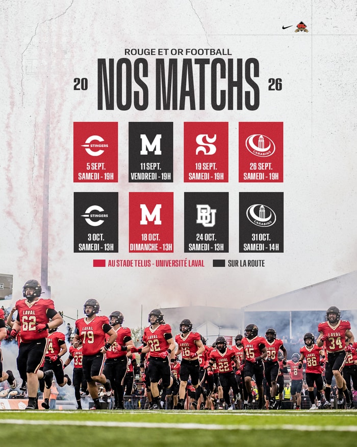 Le calendrier des matchs de la saison 2026 du club de football Rouge et Or de l'Université Laval