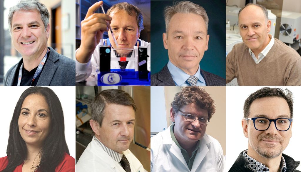<p>Gary Kobinger, Denis Leclerc, Louis Flamand, Denis Boudreau, Ève Dubé, Guy Boivin, François Lellouche et Bruno Pilote, de l'Université Laval, mènent des travaux sur la COVID-19.</p>