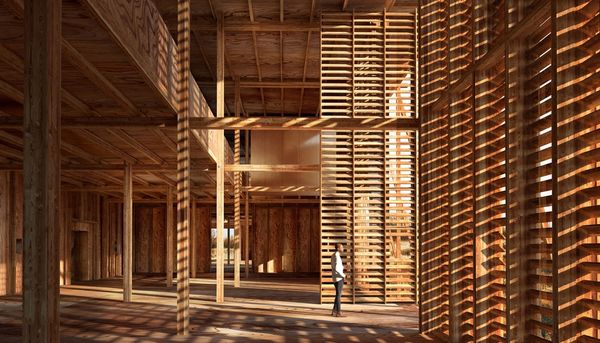 <p>Dans son
concept, Philippe Champagne a imaginé un bâtiment en bois semblable à un très
grand corridor mesurant 135 mètres de long par 15 mètres de large.</p>