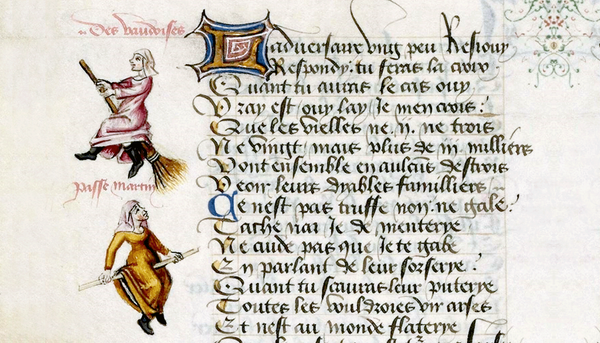 <p>La plus ancienne représentation de sorcières s’envolant sur un bâton ou sur un balai pour aller au sabbat, vers 1430. <i>Les Vaudoises passe martin</i> (sorcières passe-murailles). Martin le Franc, <i>Le Champion des Dames</i>, v. 1430, Paris, BnF, ms. Fr. 12476, fol. 105v.</p>