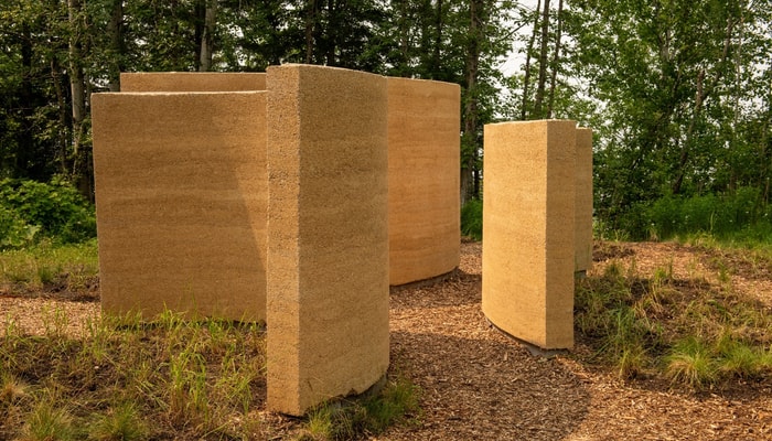 <p><i>Matière-Matière</i>: trois murs en courbe, un geste simple et fort, ton sur ton.</p>