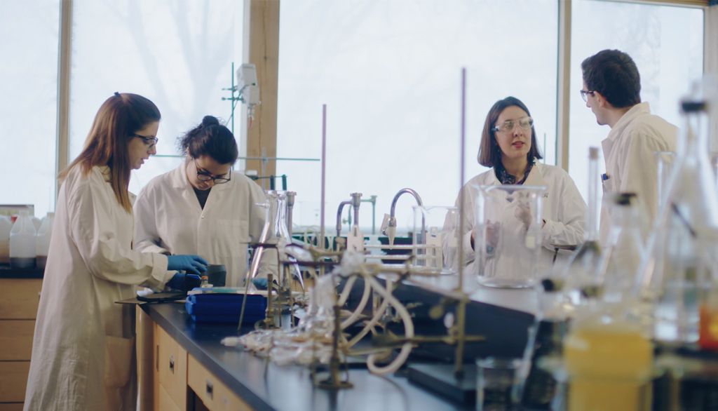 Véronic Landry, Ph.D, professeure et chercheure en finition et imprégnation du bois de la Faculté de foresterie, de géographie et de géomatique, en laboratoire avec des étudiants.