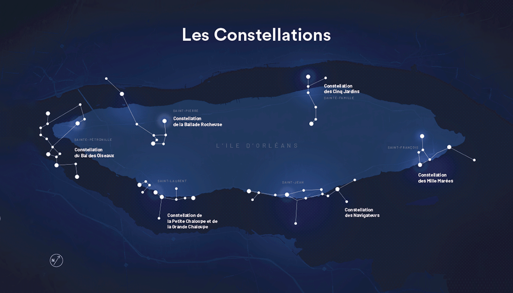La carte des six constellations du projet Littoral – Les Constellations de l’Île d’Orléans. Chacune des municipalités possède sa propre constellation faite de capsules audio comme autant de parcours pédestres interprétatifs dont la narration est assurée par des résidents de l’île.