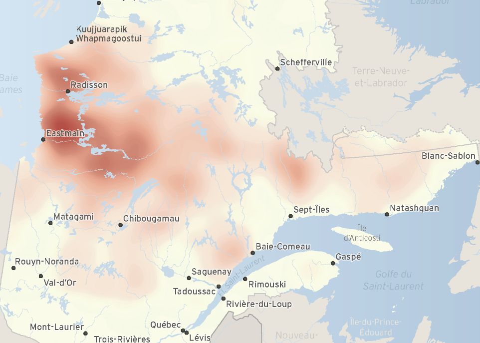 <p>Comme on peut le voir sur cette carte, qui figure dans l'ouvrage Le Québec d'une carte à l'autre, c'est dans la région de la Baie-James que les feux de forêt sont les plus fréquents. L'intervalle moyen entre 2 feux y est d'environ 50 ans.</p>