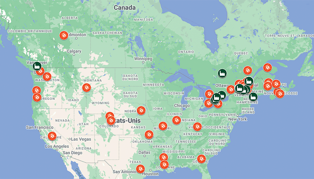 Carte des producteurs d'insectes comestibles (capsules oranges) et des transformateurs (capsules vertes) au Canada et aux États-Unis, tirée de l'article scientifique. 