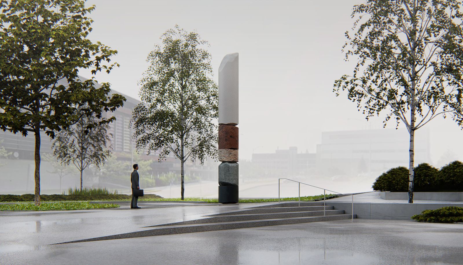 La colonne est composée de cinq modules de pierres provenant majoritairement de carrières situées au Québec, à proximité du 49e parallèle.