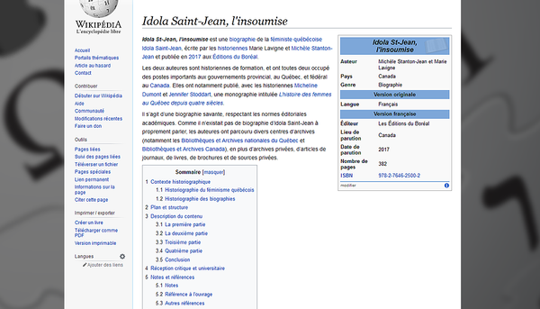 <p>Capture d’écran de la page Wikipédia consacrée à la féministe québécoise Idola Saint-Jean. Cette page d’environ 3000 mots a été rédigée par les étudiants en histoire Rose Tremblay-Fontaine et Émile Galipeau dans le cadre d’un cours de premier cycle.</p>