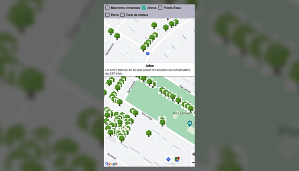 <p>Photo de l’application Oasis. On peut notamment lire qu’un arbre mature de 40 ans réduit les besoins en climatisation de 237 kilowatts-heure.</p>