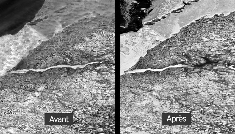 Images satellitaires montrant l’avant et l’après du glissement de terrain survenu en avril 2021 près de Kuujjuarapik-Whapmagoostui, dans la région de la baie James. Elles sont toutes deux tirées du capteur d’observation de la Terre Sentinel-2 du programme Copernicus de l'Agence spatiale européenne. La première image est datée du 17 avril, l’autre du 22.