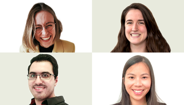 Les lauréates et le lauréat ULaval du concours Ma thèse en 180 secondes/3 Minutes Thesis (de gauche à droite à partir du haut): Auriane Feroussier, 1er prix du volet francophone, Alexane Thibodeau, 2e prix du volet francophone, Nader Srour, 1er prix du volet anglophone, et Daline Tho, 2e prix du volet anglophone.
