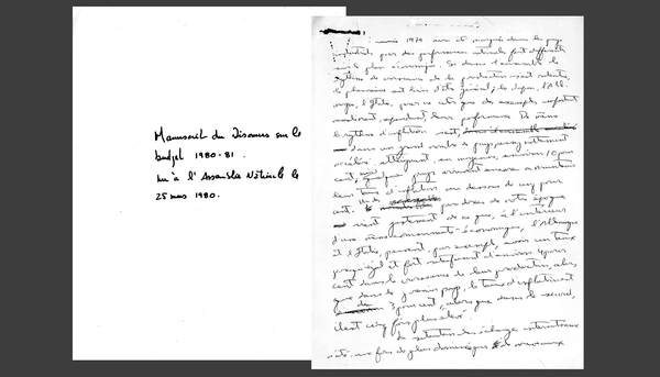 <p>L’exposition du 20 avril à l’Assemblée nationale comprendra certains objets et documents rappelant les grands moments de la carrière de Jacques Parizeau. Ici, une page du manuscrit du discours sur le budget de 1980-1981 qu’il a rédigé, accompagnée d’une note de l’auteur. Le discours a été lu à l’Assemblée nationale le 25 mars 1980.</p>
