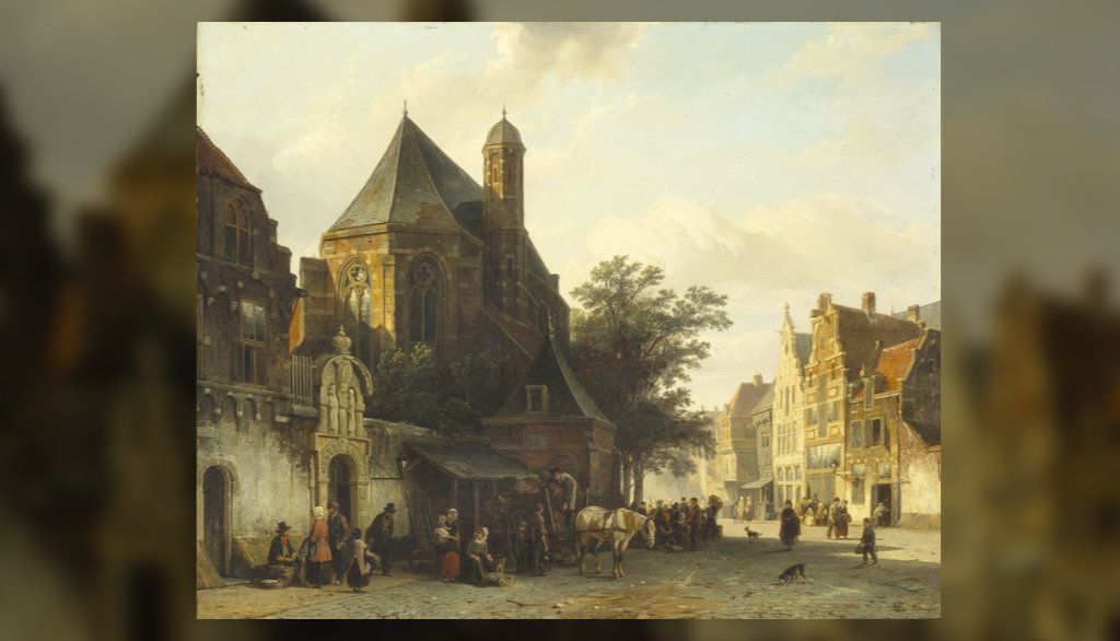 <p>Cornelis Springer, Un beau matin au marché, Hollande, 1857, huile sur bois, 47 x 58,7 cm. Trois peintres néerlandais, Johan Barthold Jongkind, Cornelius Krieghoff et Cornelis Springer, font partie de la collection Duplessis. Springer s’est spécialisé dans la représentation du paysage urbain dont il peint la vie quotidienne avec précision.</p>