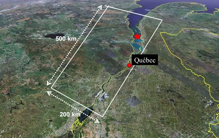 Vue aérienne montrant le territoire où des glissements de terrain sont survenus à la suite du tremblement de terre de 1663. Cette zone s'étend de Trois-Rivières à Betsiamites. L'étoile rouge, près de Baie-Saint-Paul, situe ce qui était considéré comme l'épicentre du séisme.