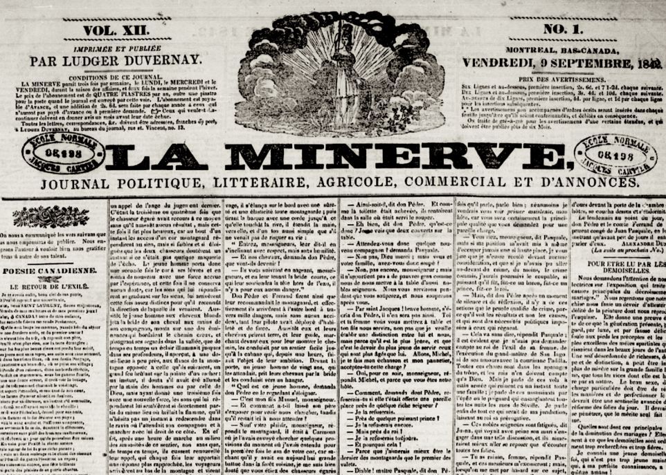 Édition du 9 septembre 1842 de La Minerve. Un poème paraît dans la colonne de gauche sous le titre «Le retour de l'exilé». Le texte de la colonne de droite s'intitule «Pour être lu par les demoiselles».