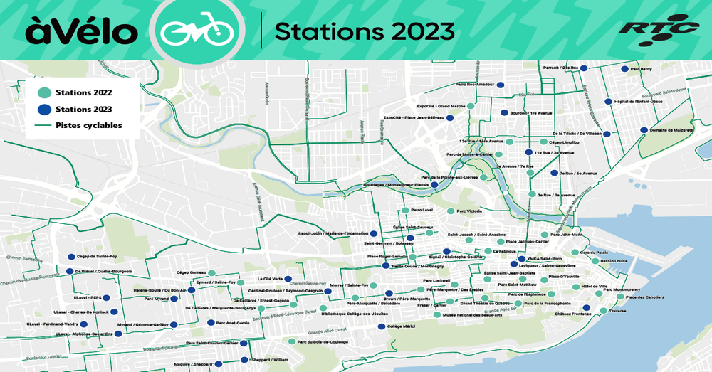 Une carte du service àVélo montrant les nouvelles stations 2023 sur le territoire de Québec.