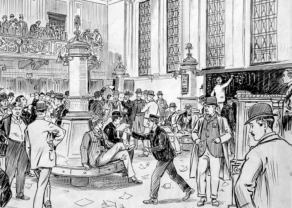 Le parquet de la Bourse de Montréal tel que vu au début des années 1900 par le caricaturiste et peintre québécois Henri Julien. L'illustration a été photographiée par Neuville Bazin en 1951.