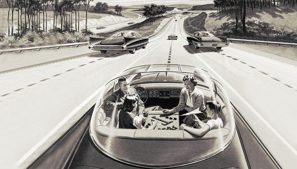 <p>Une vision futuriste de la conduite automobile telle qu’imaginée en 1956 et publiée dans le journal <i>Saturday Night Post</i>. </p>
