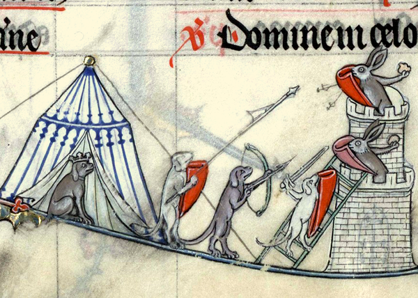 <p>Cette image tirée du Bréviaire de Renaud de Bar montre l'assaut d'un «château d'amour» et symbolise une tentative de conquête friponne, le lapin étant associé au sexe féminin.</p>