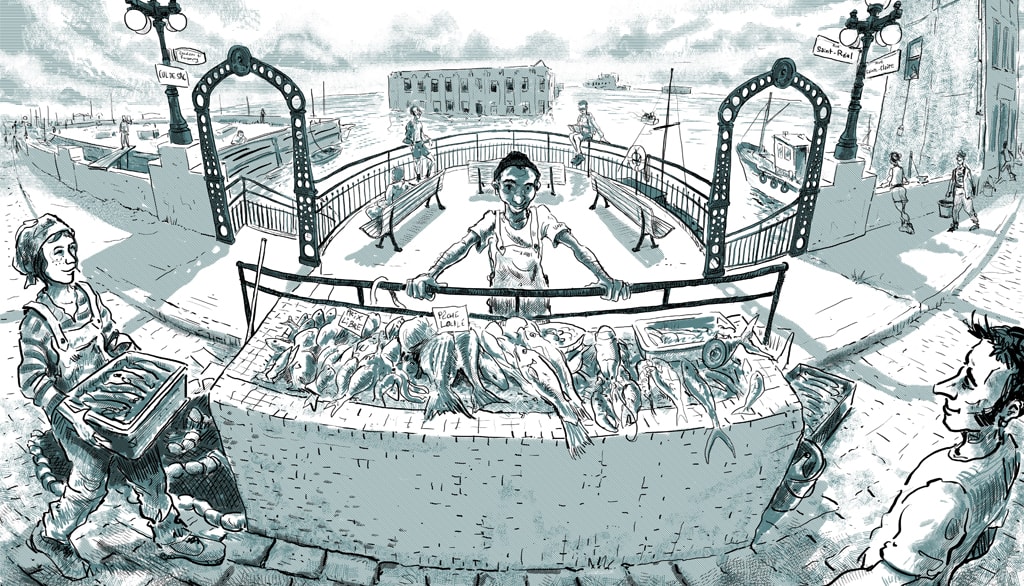 On peut voir cette œuvre de l’artiste français Sébastien Brunel dans la vitrine des éditions Septentrion, sur l’avenue Turnbull.