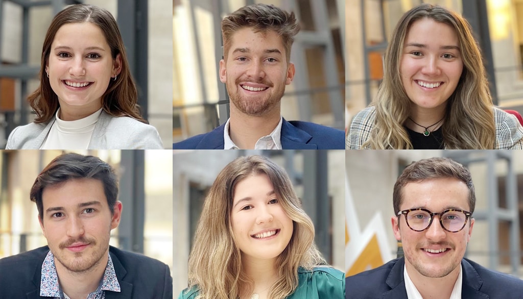 Quelques-unes et quelques-uns des 79 délégués de l'Université Laval aux Jeux du commerce 2022. De gauche à droite, rangée supérieure: Éloïse Gaulin, déléguée académique pour le cas de développement durable, Olivier Morin, délégué académique pour le cas de gestion des opérations et de la logistique, et Chloé Laflamme, déléguée académique pour le cas d’innovation entrepreneuriale. Rangée inférieure: Vincent Wolfe, délégué académique pour le cas de commerce international, Clara Beaudet, coordonnatrice du Comité des compétitions FSA et Justin Croteau, délégué du volet social. Tous et toutes sont inscrits au baccalauréat en administration des affaires.