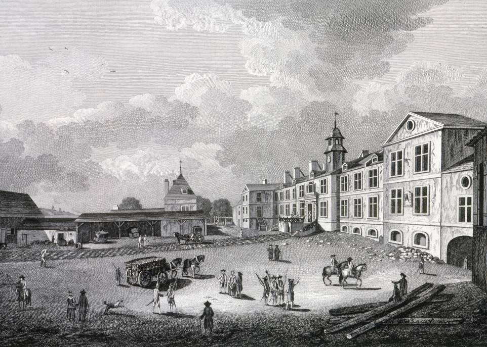 Le second palais de l'intendant au moment de la Conquête. Cette gravure de Richard Short montre l'aménagement de la cour et l'allée principale menant au grand escalier.