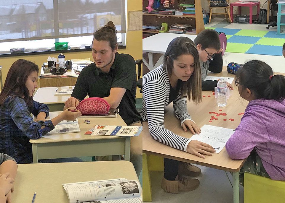 Olivier Morin et Mélina Picard-Dion au travail dans leur milieu de stage respectif, le premier à l’école primaire Migwan, à Pikogan, la seconde à l’école primaire Nussim, à Pessamit.