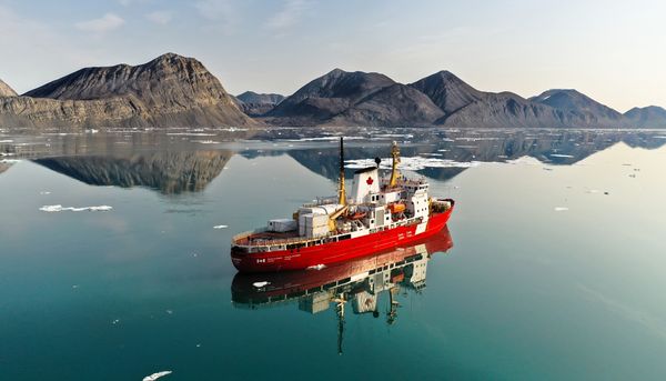 Le NGCC Amundsen, en 2019, dans le détroit de Nares, un passage maritime de l'océan Arctique situé entre l'île d’Ellesmere et le Groenland. En 20 ans, le navire a accueilli à son bord 534 étudiants ainsi que 139 chercheurs et professeurs. Le pourcentage de participants de l’Université Laval, professeurs comme étudiants, s’élève à près de 20%.