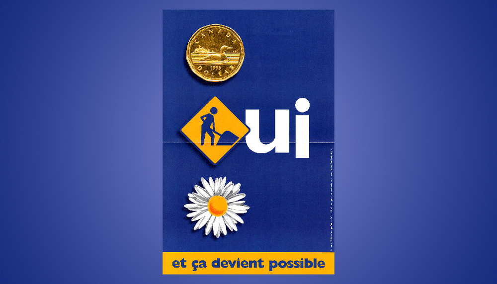 Pour le référendum de 1995, la campagne d’affichage du gouvernement du Parti québécois a fait la promotion du Oui en exploitant cinq symboles: le dollar canadien (le partenariat), le «peace and love» (la paix), la marguerite (l’environnement), la construction d’un bâtiment (le travail) et la planète Terre (l’ouverture). Sur cette affiche, trois symboles sont représentés. 