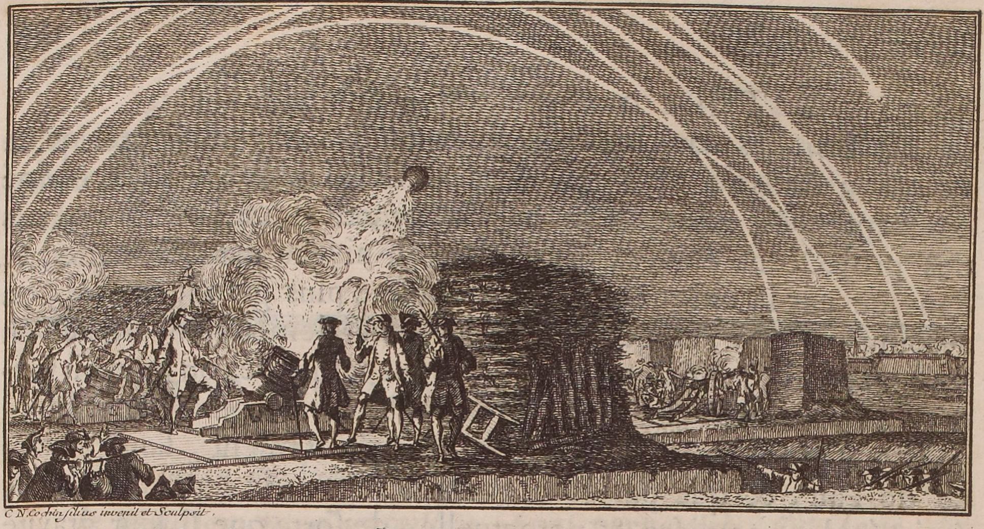 <p>Gravure d’une scène de bombardement tirée du traité de littérature militaire de Joseph Dulacq, Théorie nouvelle sur le mécanisme de l’artillerie, dédié au roy de Sardaigne, Paris, 1741, Bibliothèque Nationale de France.</p>