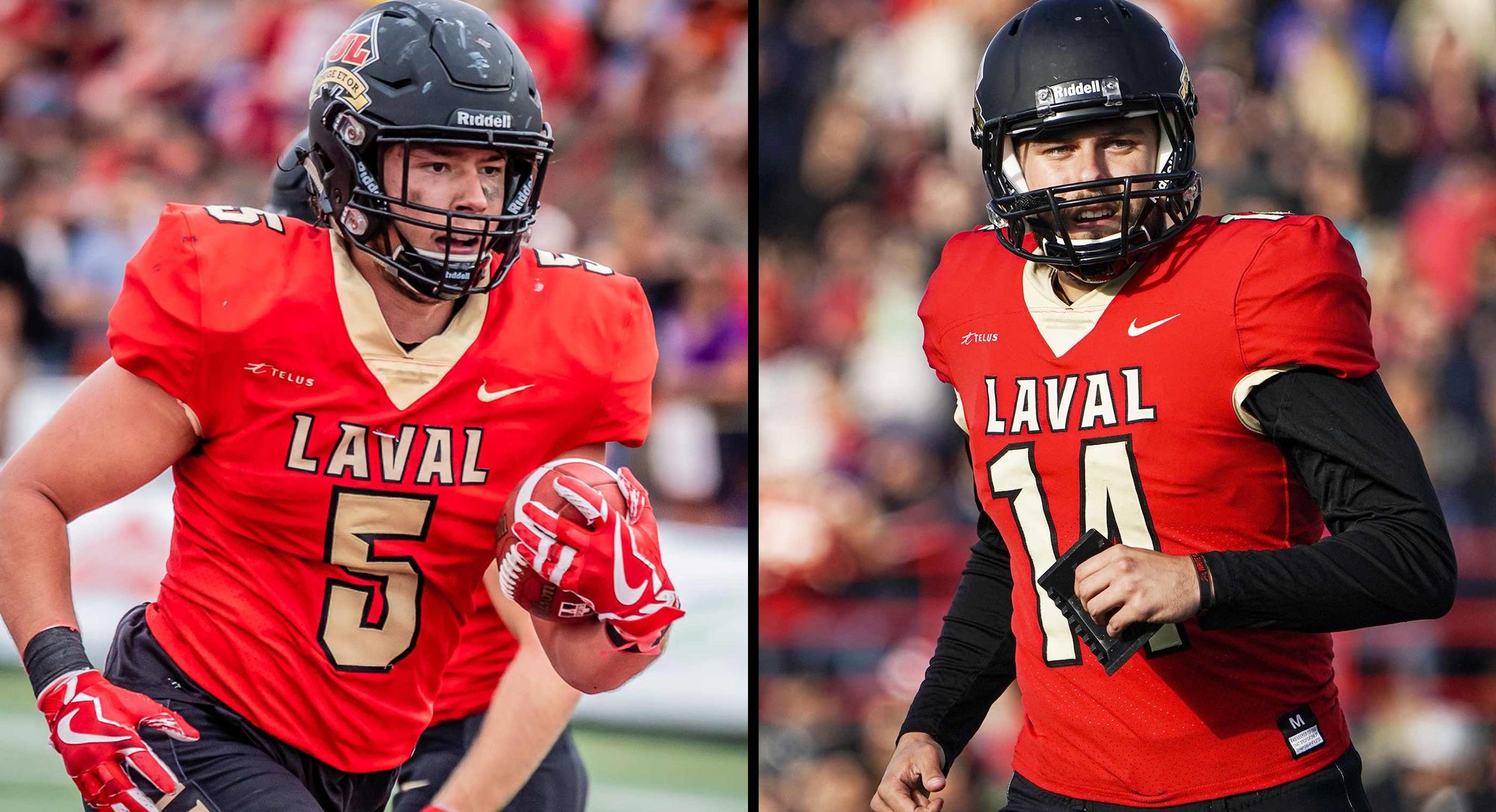 Félix Garand-Gauthier et David Côté, anciens footballeurs du Rouge et Or, repêchés dans la Ligue canadienne de football (LCF).